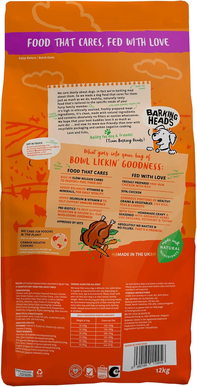 Barking Heads Complete Dry Dog Food - Adult All Hounder Bowl Lickin' Goodness Chicken - Natural Everyday Immunity & Vitality - Vet Approved (12 KG (Pack of 1))