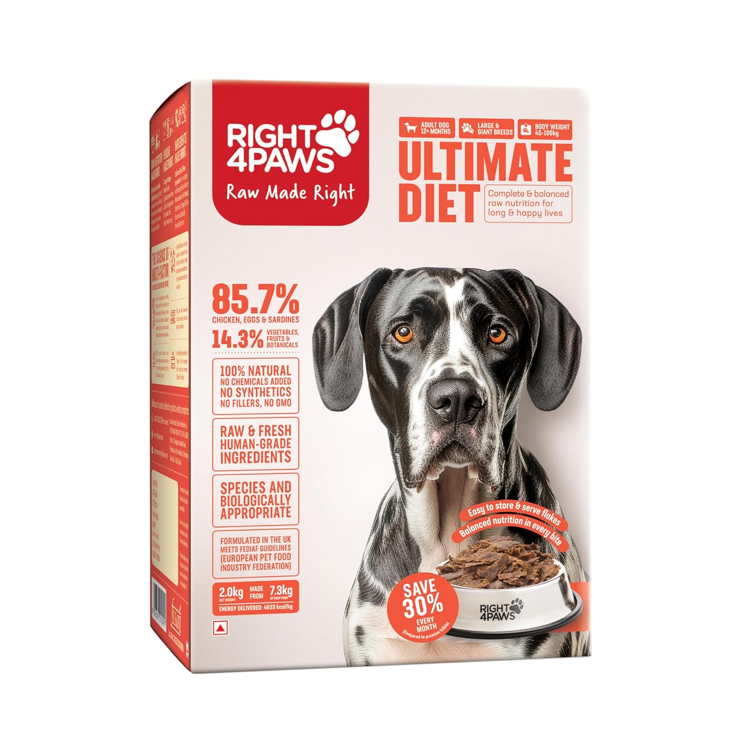 RIGHT4PAWS Dry Dog Food - Ultimate Diet - Large & Giant Breed Diet for Adult with High Nutrition 85.7% Animal Source, Omega 3 & Omega 6