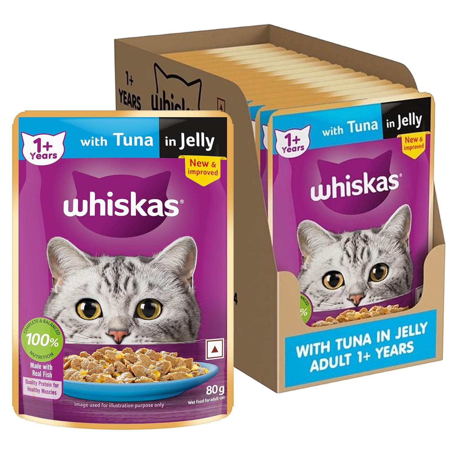 Whiskas Adult (1+ Years) Wet Cat Food, Tuna in Jelly, 80 g (Pack of 14), Hydrating Food Made With Real Fish, 100% Complete & Balanced Nutrition for Adult Cats