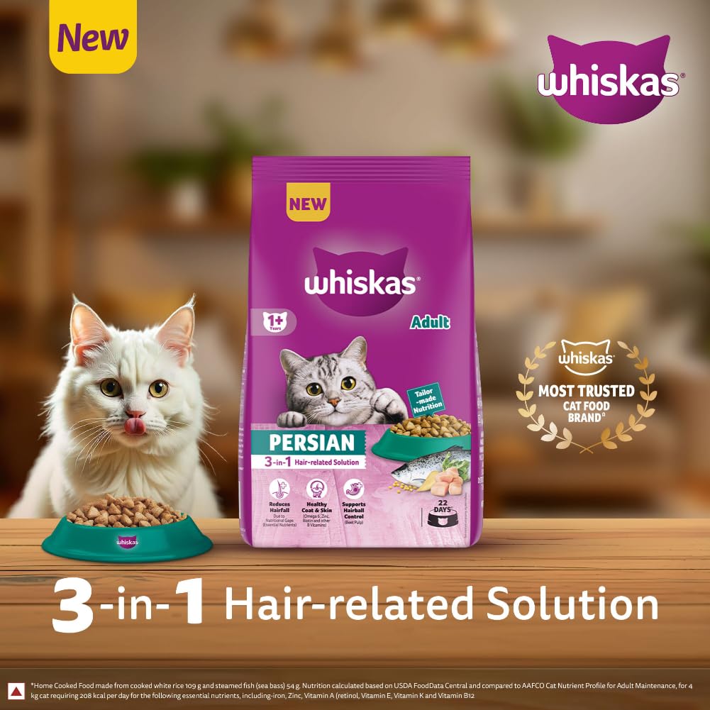 Whiskas Persian Adult (1+ Years) Dry Cat Food, 6.8kg, 100% Complete & Balanced Tailor Made Nutrition, Reduces Hairfall, for Healthy Coat & Skin