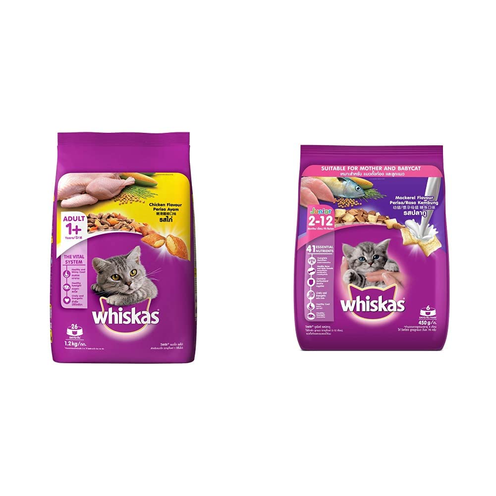 Whiskas Adult (+1 Year) Dry Cat Food, Chicken Flavour, 1.2Kg Pack & Kitten (2-12 Months) Dry Cat Food, Mackerel Flavour, 450G Pack