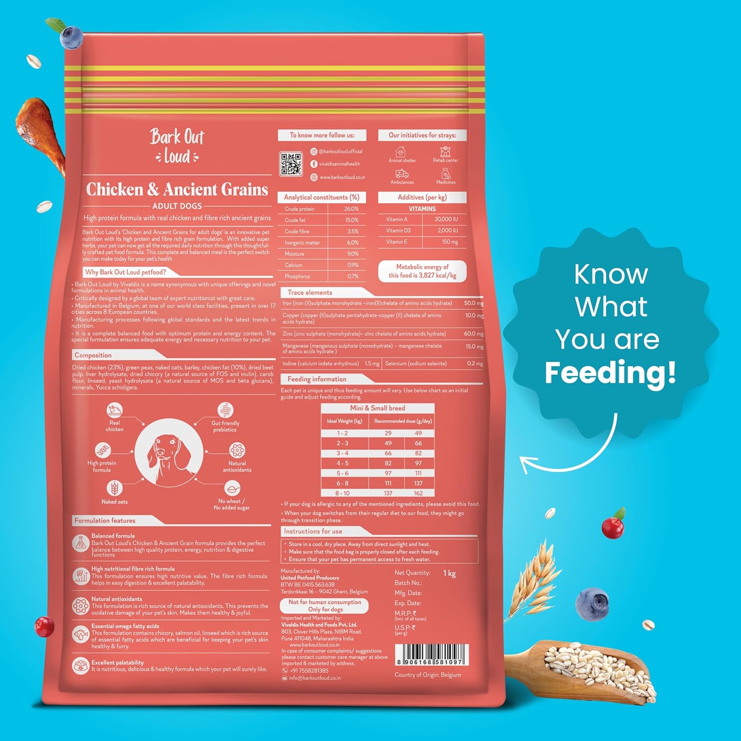 Bark Out Loud/Vivaldis - Chicken & Ancient Grains | Small/Mini Adult Dog Food | Low Grain, Antioxidants, Fibre Rich | Prebiotics & Super Herbs | High Protein kibbles for Adult Dogs(1kg Pack)