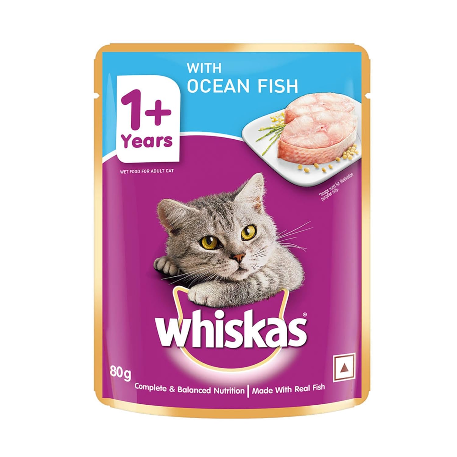 Whiskas Adult (1+ year) Wet Cat Food, Ocean Fish Flavor, 80 g Hydrating Food Made With Real Fish, 100% Complete & Balanced Nutrition for Adult Cats