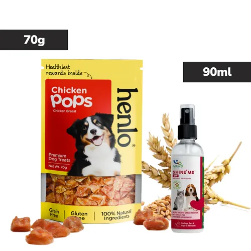 Combo Natural Remedies Shine Me Up Hair Serum & Henlo Chicken Pops High Protein Treats Dog Combo