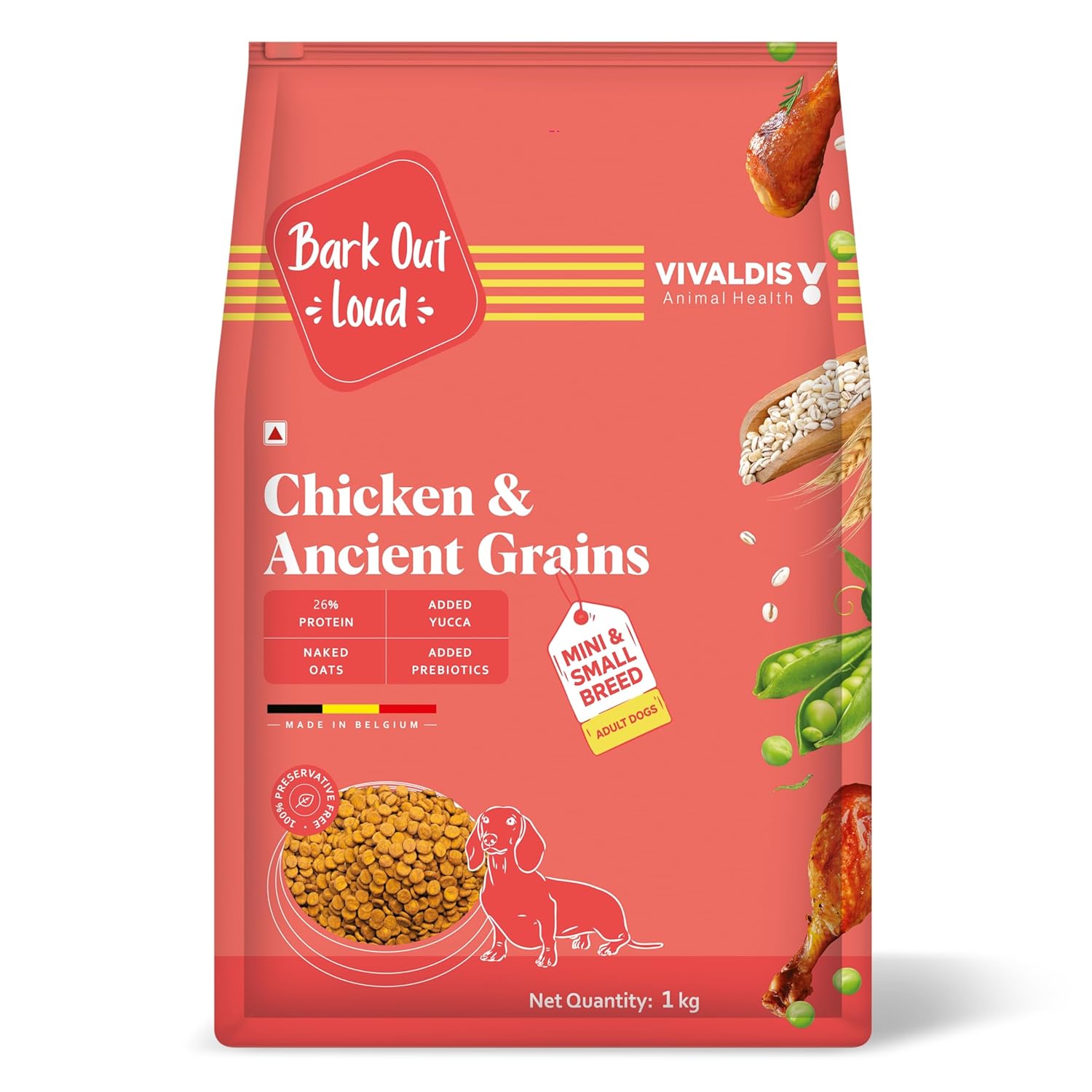 Bark Out Loud/Vivaldis - Chicken & Ancient Grains | Small/Mini Adult Dog Food | Low Grain, Antioxidants, Fibre Rich | Prebiotics & Super Herbs | High Protein kibbles for Adult Dogs(1kg Pack)