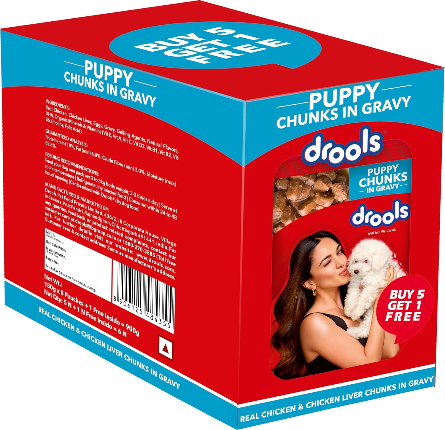 Drools Puppy Wet Dog Food Real Chicken and Chicken Liver Chunks Gravy 0.9 Kg (6 X 150g) Pack of 6