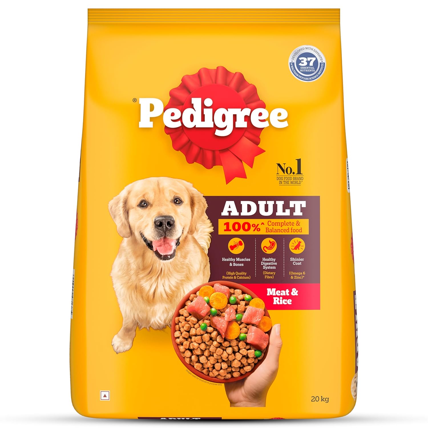Pedigree Adult Dry Dog Food, Meat & Rice, 20 kg, Contains 37 Essential Nutrients, 100% Complete & Balanced Food for Adult Dogs