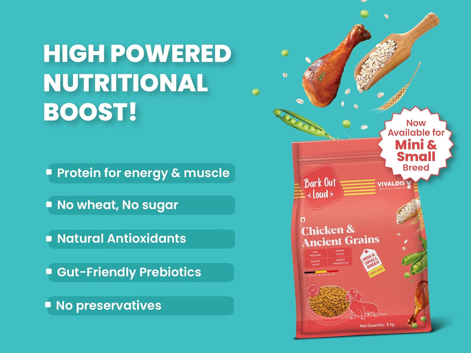 Bark Out Loud/Vivaldis - Chicken & Ancient Grains | Small/Mini Adult Dog Food | Low Grain, Antioxidants, Fibre Rich | Prebiotics & Super Herbs | High Protein kibbles for Adult Dogs(1kg Pack)