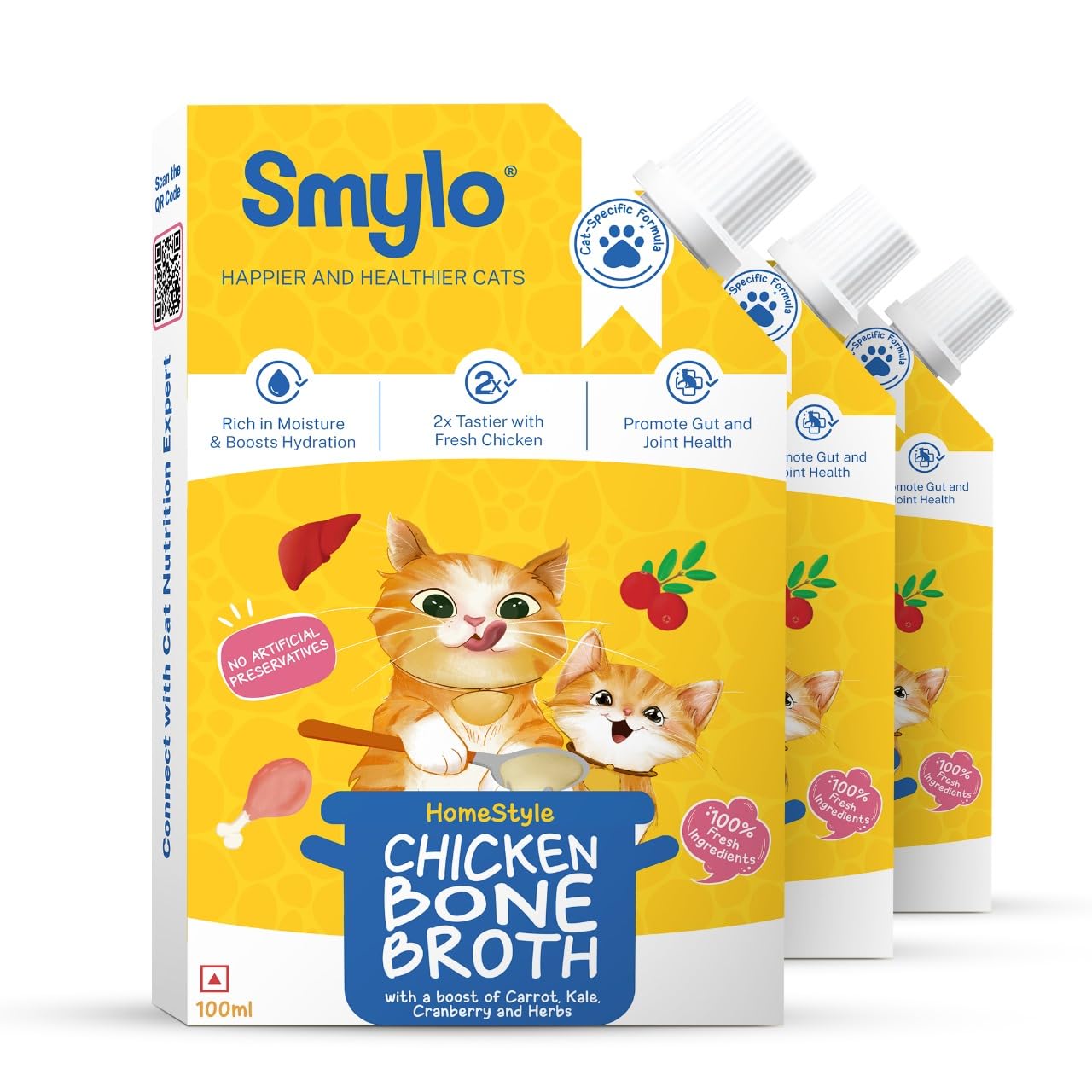 Smylo Summer Cooler, Hydration Rich Chicken Bone Broth for Cats (100ml x 3 Packs) | Rich in Collagen for Bones & Joints Health