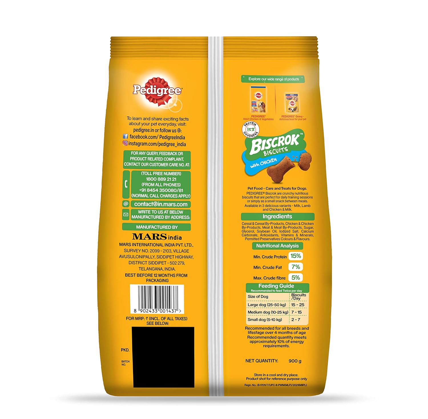 Pedigree Biscrok Biscuits (Above 4 Months) Dog Treats, Chicken Flavour, 900 g, Source of Calcium, Goodness of 15% Protein